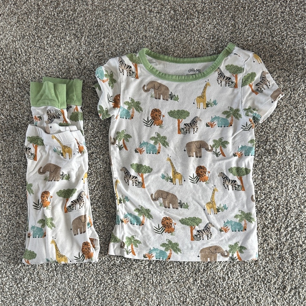 Little Me White Safari Animal Pajama Set with Green Trim